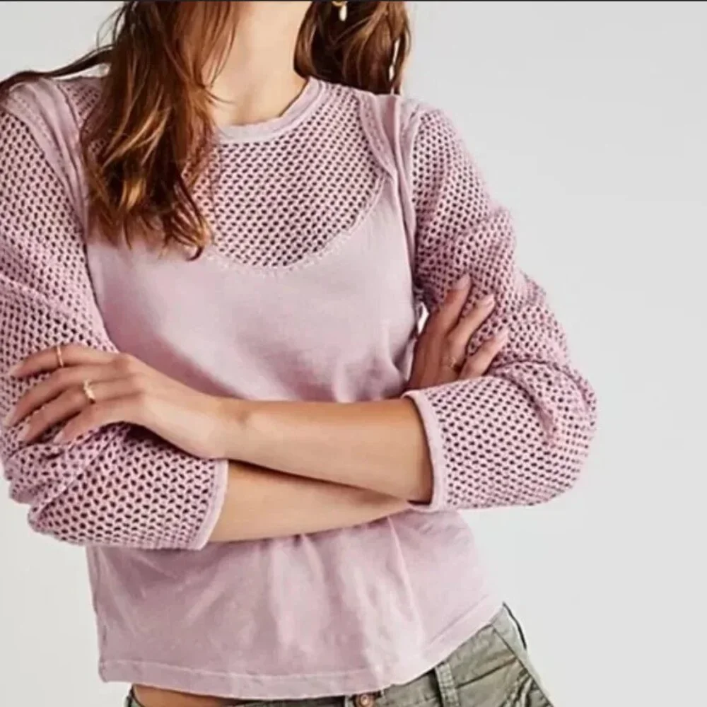 Free People Solar Eclipse Top We The Free Mesh Long Sleeve Mauve XL